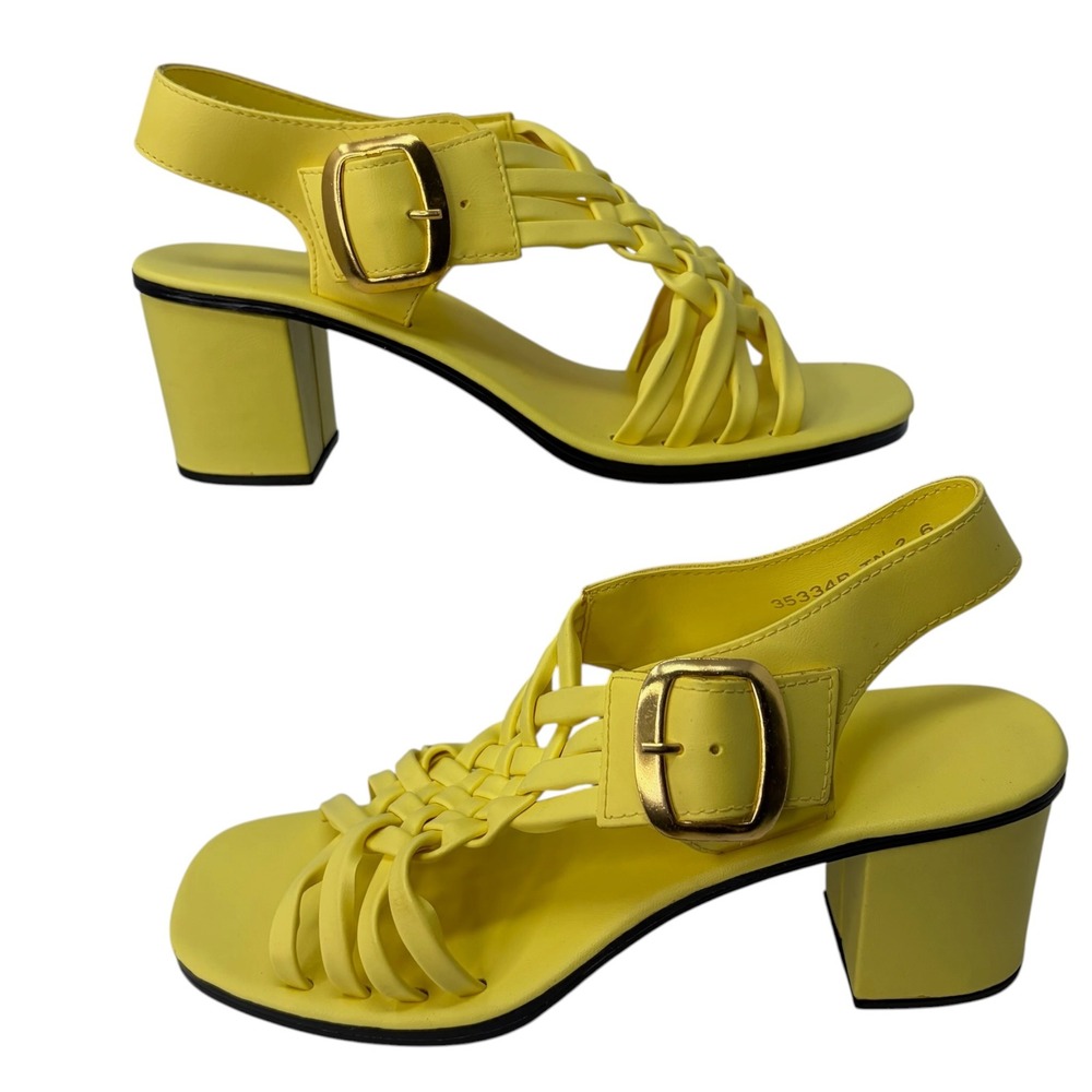 Vintage 70s Yellow Woven Strappy Block Heel Sandals Womens Size 6 Taiwan